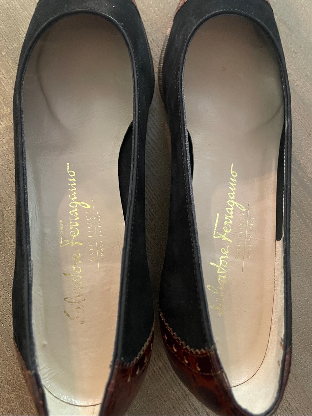 Ferragamo Black Suede Flats with Brown Croc-Textured Toe - Picture 3 of 8